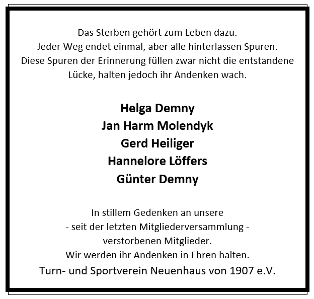 Gedenken der Verstorbenen seit der letzten Mitgliederversammlung